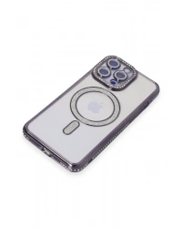 Newface iPhone 15 Pro Max Kılıf Joke Simli Magneticsafe Kılıf - Derin Mor