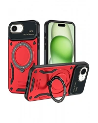 Newface iPhone 16E Kılıf Joy Lens Standlı Kapak - Kırmızı