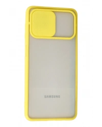 Newface Samsung Galaxy A12 Kılıf Palm Buzlu Kamera Sürgülü Silikon - Sarı