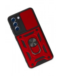 Newface Samsung Galaxy S21 FE Kılıf Pars Lens Yüzüklü Silikon - Kırmızı