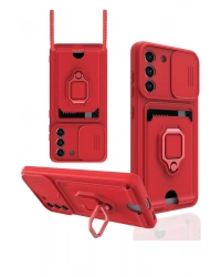 Newface Samsung Galaxy S21 FE Kılıf Zuma Kartvizitli Yüzüklü Silikon - Kırmızı