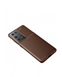 Newface Samsung Galaxy S21 Ultra Kılıf Auto Focus Karbon Kapak - Kahverengi