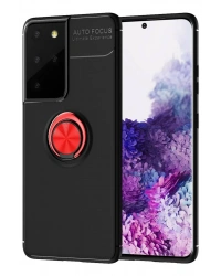 Newface Samsung Galaxy S21 Ultra Kılıf Range Yüzüklü Silikon - Siyah-Kırmızı