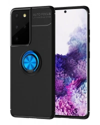 Newface Samsung Galaxy S21 Ultra Kılıf Range Yüzüklü Silikon - Siyah-Mavi