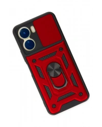 Newface Vivo Y16 Kılıf Pars Lens Yüzüklü Silikon - Kırmızı