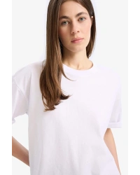 Oversize Geniş Kalıp Bisiklet Yaka Penye Basic Düz Kısa Kollu Beyaz Tişört