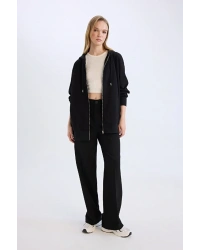 Oversize Geniş Kalıp Kapüşonlu Cepli Basic Düz Fermuarlı Sweatshirt