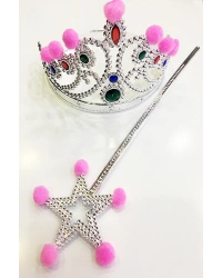 Pembe Ponponlu Gümüş Renk Prenses Tacı ve Gümüş Renk Prenses Asası