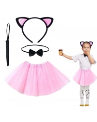 Pembe Renk Etekli Kedi Kostüm Seti (Tütü, Taç, Papyon, Kuyruk)