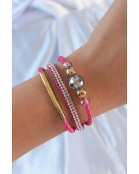 Pembe Renk Zirkon Taşlı Deri Çoklu Bileklik