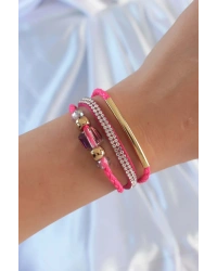 Pembe Renk Zirkon Taşlı Deri Çoklu Bileklik