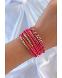 Pembe Renk Zirkon Taşlı Metal Aksesuarlı İpli Çoklu Bileklik