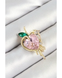 Pembe Ve Yeşil Zirkon Taşlı 3D Eriyen Kalp Figürlü Gold Renk Kadın Broş