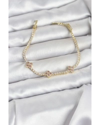 Pembe Yonca Detaylı Zirkon Taşlı Gold Renk Pirinç Su Yolu Kadın Bileklik