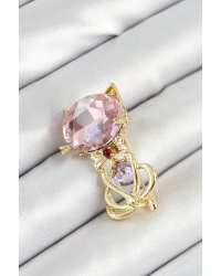 Pembe Zirkon Taşlı Kap Detaylı Kedi Figürlü Gold Renk Kadın Broş