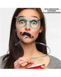 Pipetli Parti Gözlüğü - Çocuk ve Yetişkin Bıyıklı Pipet Gözlük Mavi Renk 18x14 cm