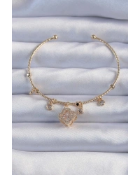 Pirinç Altın Renk Zirkon Taşlı Yonca Model Charm Bileklik