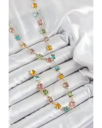 Pirinç Asorti Kare Model Gold Renk Zirkon Taşlı Y Kolye