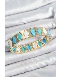 Pirinç Baklava Desenli Mavi Beyaz Gold Renk Lastikli Kadın Bileklik