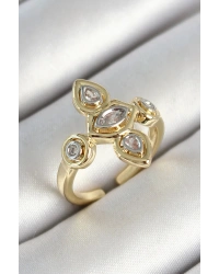 Pirinç Beş Taş Trend Figür Zirkon Taşlı Gold Renk Ayarlanabilir Kadın Yüzük