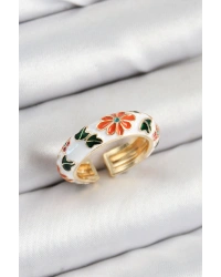 Pirinç Beyaz Mineli Çiçek Motifli Gold Renk Ayarlanabilir Kadın Yüzük