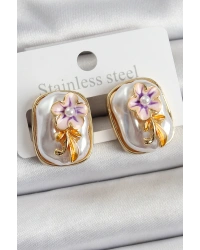 Pirinç Beyaz Mineli İnci Detaylı Çiçek Figürlü Sanatsal Portre Model Gold Renk Kadın Küpe