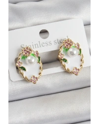 Pirinç Beyaz Mineli İnci Detaylı Sanatsal Portre Model Gold Renk Kadın Küpe