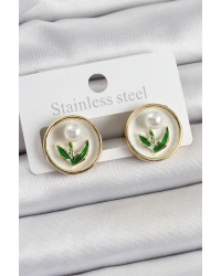 Pirinç Beyaz Mineli Lale Figürlü Sanatsal Portre Model Gold Renk Kadın Küpe