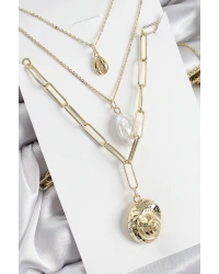 Pirinç Çoklu Zincirli İncili Deniz Kabuğu Model Gold Renk Kadın Kolye