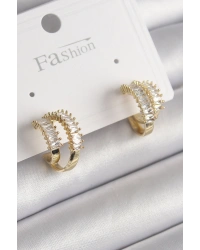 Pirinç Gold Renk 2Li Zirkon Taşlı Halka Model Kadın Küpe