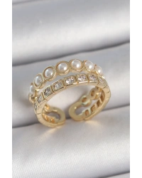 Pirinç Gold Renk 2Li Zirkon Taşlı Ve İncili Ayarlanabilir Kadın Yüzük