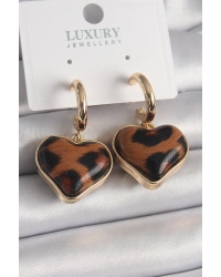 Pirinç Gold Renk 3D Kalp Leopar Desen Model Kadın Küpe