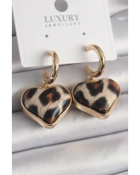 Pirinç Gold Renk 3D Kalp Leopar Model Kadın Küpe