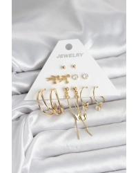 Pirinç Gold Renk 6 Çiftli Kadın Küpe Seti