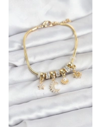 Pirinç Gold Renk Ay Charm Model Charmlı Kadın Bileklik
