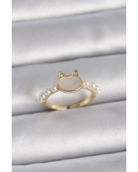 Pirinç Gold Renk Ayarlanabilir Beyaz Mineli Kedi Model İnci Detay Kadın Yüzük