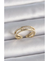 Pirinç Gold Renk Ayarlanabilir Sıralı İncili Zirkon Taş Detaylı Kadın Yüzük