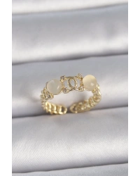 Pirinç Gold Renk Ayarlanabilir Zirkon Taşlı Beyaz Mineli Birleşik Halka Model Kadın Yüzük