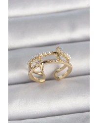 Pirinç Gold Renk Ayarlanabilir Zirkon Taşlı İncili Yıldız Model Kadın Yüzük