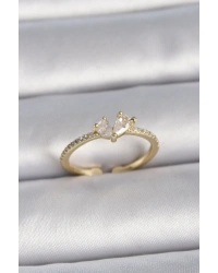 Pirinç Gold Renk Ayarlanabilir Zirkon Taşlı Kalp Model Kadın Yüzük