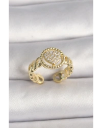 Pirinç Gold Renk Ayarlanabilir Zirkon Taşlı Kalp Model Kadın Yüzük