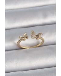 Pirinç Gold Renk Ayarlanabilir Zirkon Taşlı Kelebek Model Kadın Yüzük