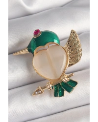 Pirinç Gold Renk Beyaz Mineli Kalp Yeşil Sinek Kuşu Model Pembe Zirkon Taş Detay Kadın Broş