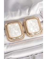 Pirinç Gold Renk Beyaz Mineli Kare Model Kadın Küpe