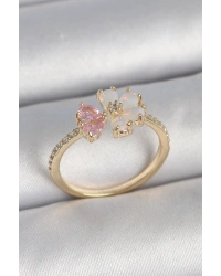 Pirinç Gold Renk Beyaz Mineli Pembe Zirkon Taşlı Çiçek Model Kadın Yüzük