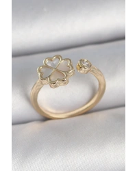 Pirinç Gold Renk Beyaz Mineli Yonca Model Zirkon Taş Detay Ayarlanabilir Kadın Yüzük