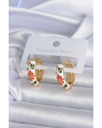 Pirinç Gold Renk Beyaz Renk Çiçek İşleme Detay Kadın Küpe