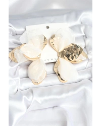 Pirinç Gold Renk Beyaz Tüllü Lotus Kadın Küpe