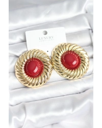 Pirinç Gold Renk Bordo Boncuklu Vintage Kadın Küpe