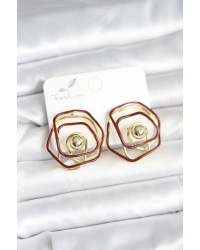 Pirinç Gold Renk Bordo Mineli Geometrik Gül Model Kadın Küpe